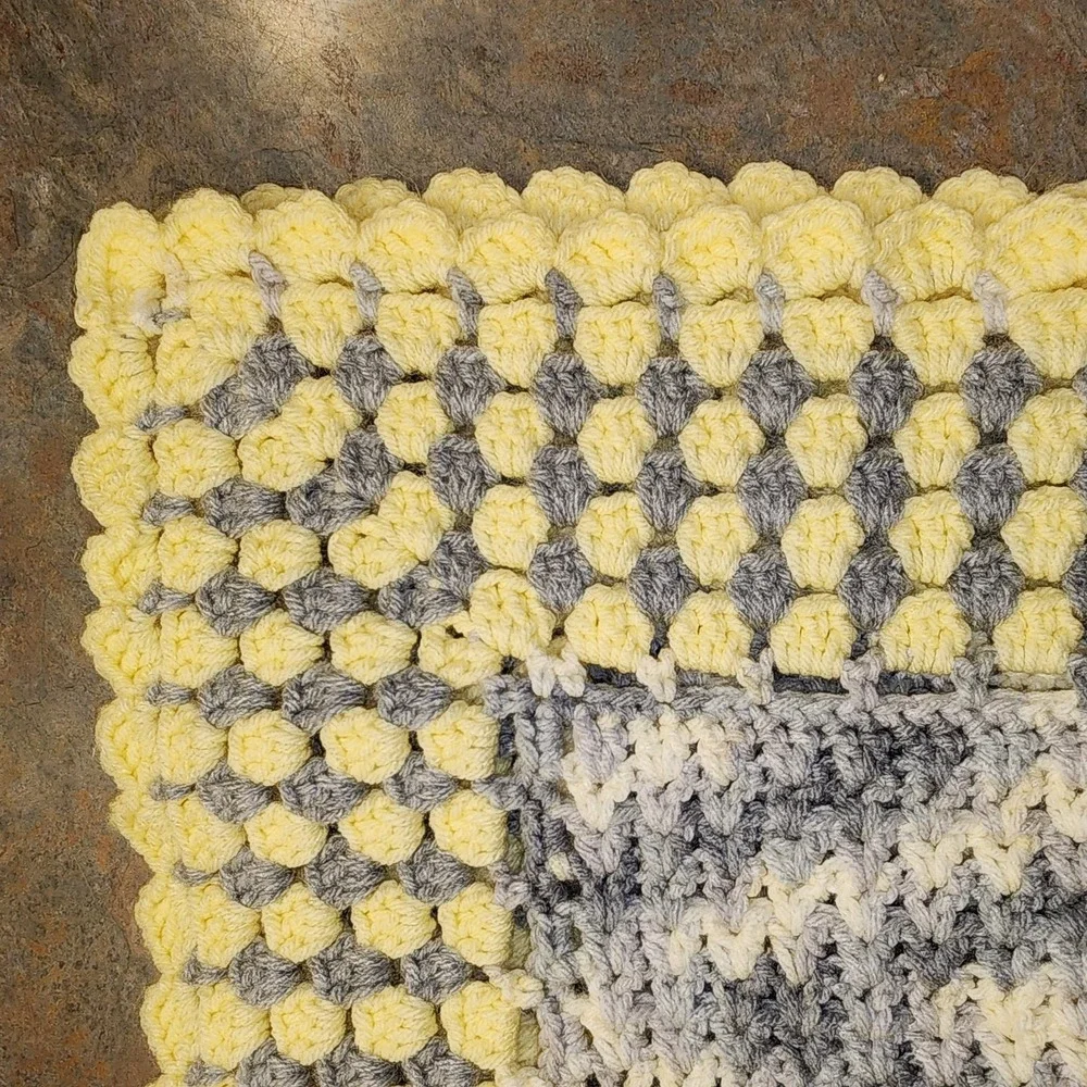 Lap/Baby Afghan/Blanket/Throw Bluish Gray, White & Yellow Handmade  30